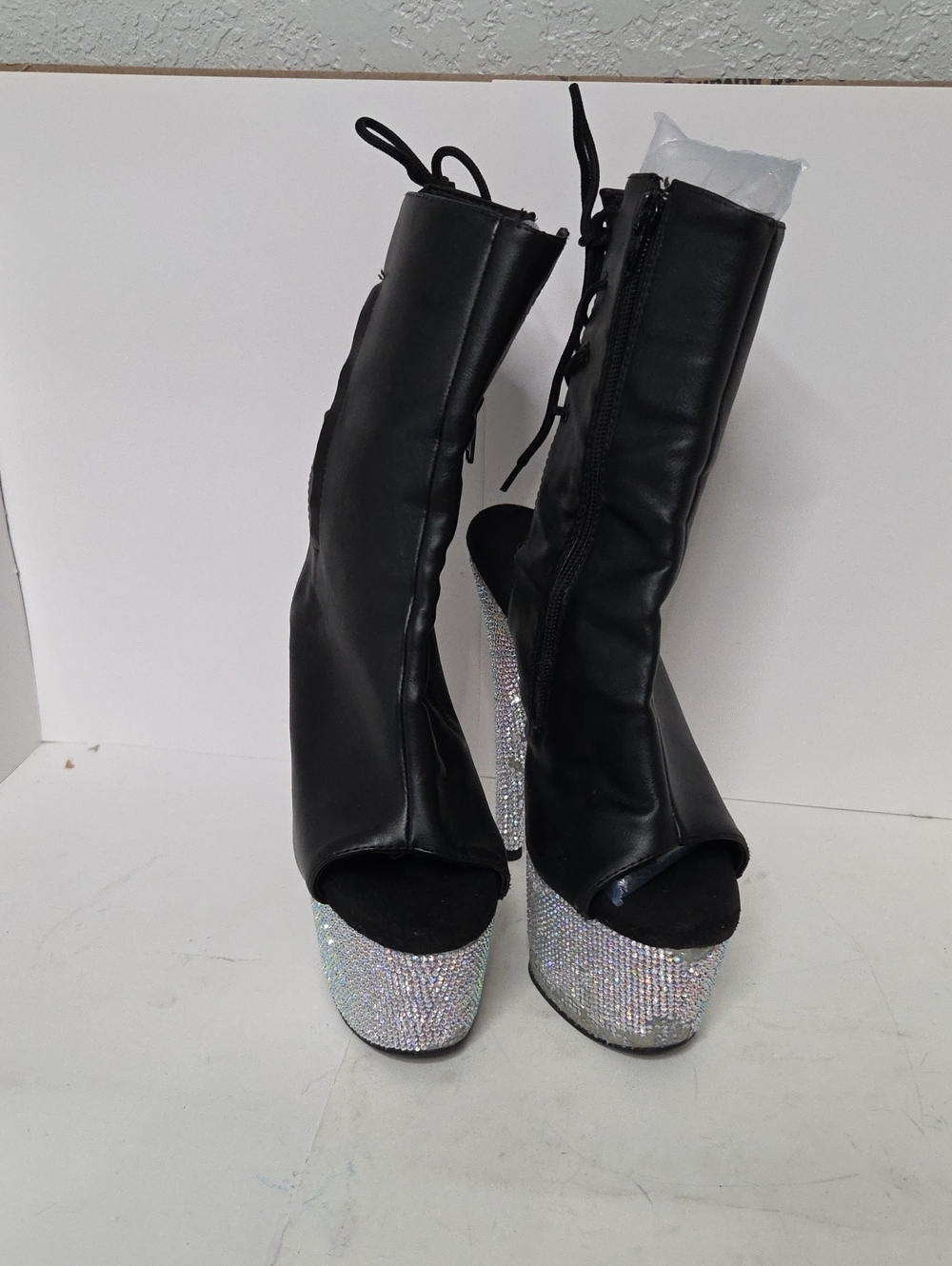 Black Leather Open-Toe Platform Heeled Boots with Crystal Platform